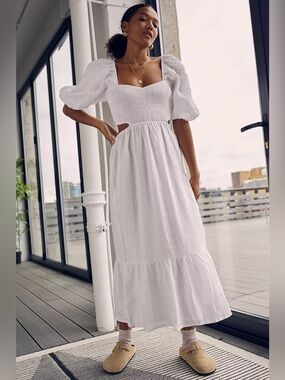 Faithfull the Brand White Cut Out Puff-Sleeve Linen midi Dress - Summer Dress XS